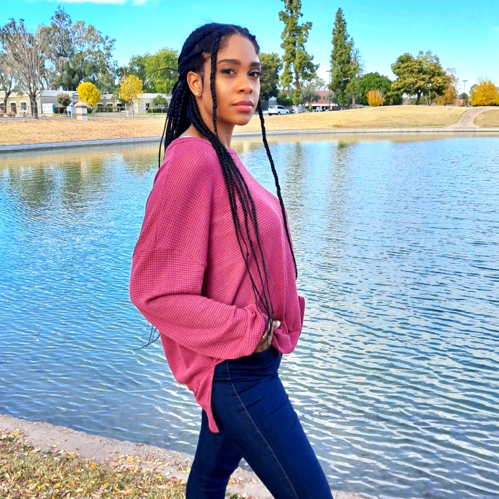 Berry Long Sleeve Open Knit Loose Fit Sweatshirt - Picture 5 of 5